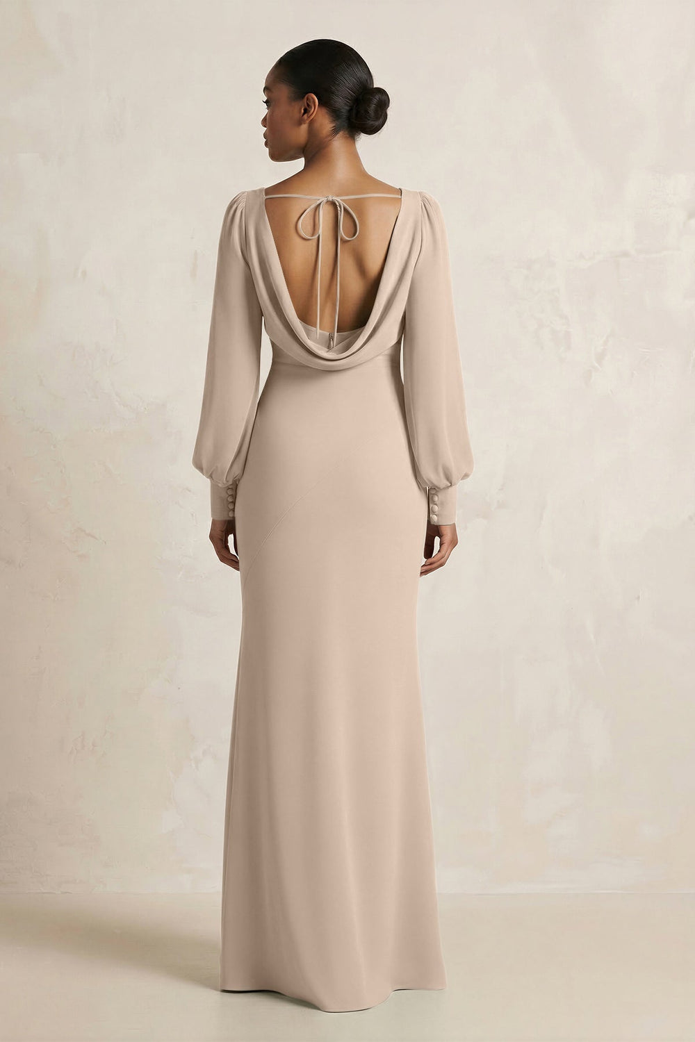 Long Sleeve V - Neck Sheath Chiffon Bridesmaid Dress in Almond - KissProm Bridesmaid Dresses