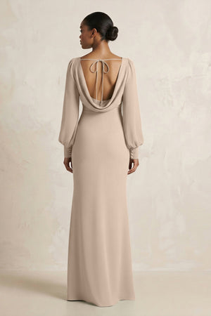 Long Sleeve V - Neck Sheath Chiffon Bridesmaid Dress in Almond - KissProm Bridesmaid Dresses