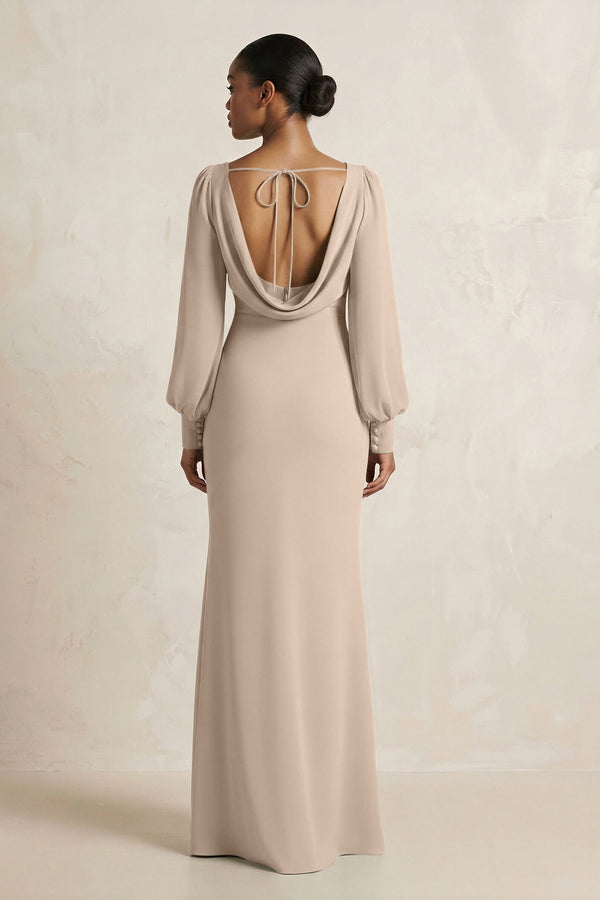 Long Sleeve V - Neck Sheath Chiffon Bridesmaid Dress in Almond - KissProm Bridesmaid Dresses