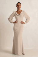 Long Sleeve V - Neck Sheath Chiffon Bridesmaid Dress in Almond - KissProm Bridesmaid Dresses
