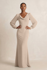 Long Sleeve V - Neck Sheath Chiffon Bridesmaid Dress in Almond - KissProm Bridesmaid Dresses