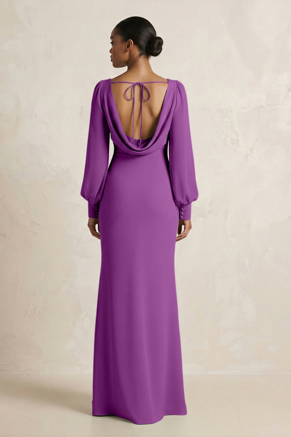 Long Sleeve V - Neck Sheath Chiffon Bridesmaid Dress in Amethyst - KissProm Bridesmaid Dresses