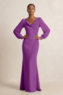 Long Sleeve V - Neck Sheath Chiffon Bridesmaid Dress in Amethyst - KissProm Bridesmaid Dresses