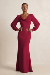Long Sleeve V - Neck Sheath Chiffon Bridesmaid Dress in Berry - KissProm Bridesmaid Dresses