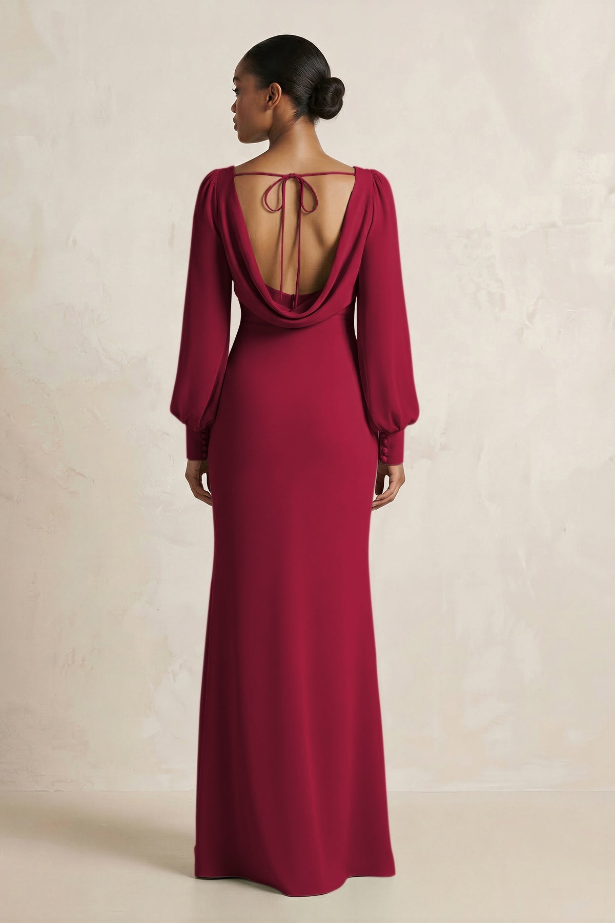 KissProm Long Sleeve V-Neck Sheath Chiffon Bridesmaid Dress in Berry, Berry / 12