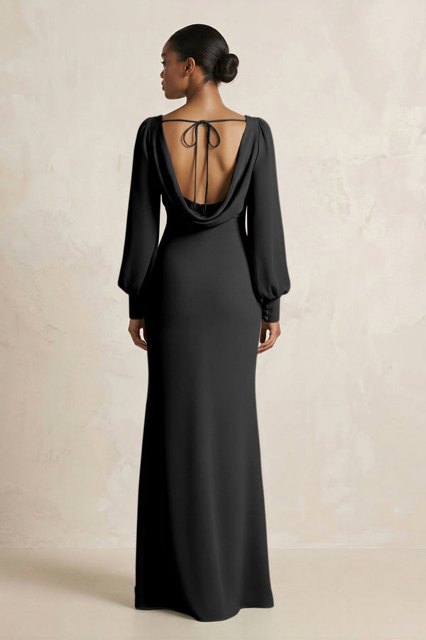 Long Sleeve V - Neck Sheath Chiffon Bridesmaid Dress in Black - KissProm Bridesmaid Dresses