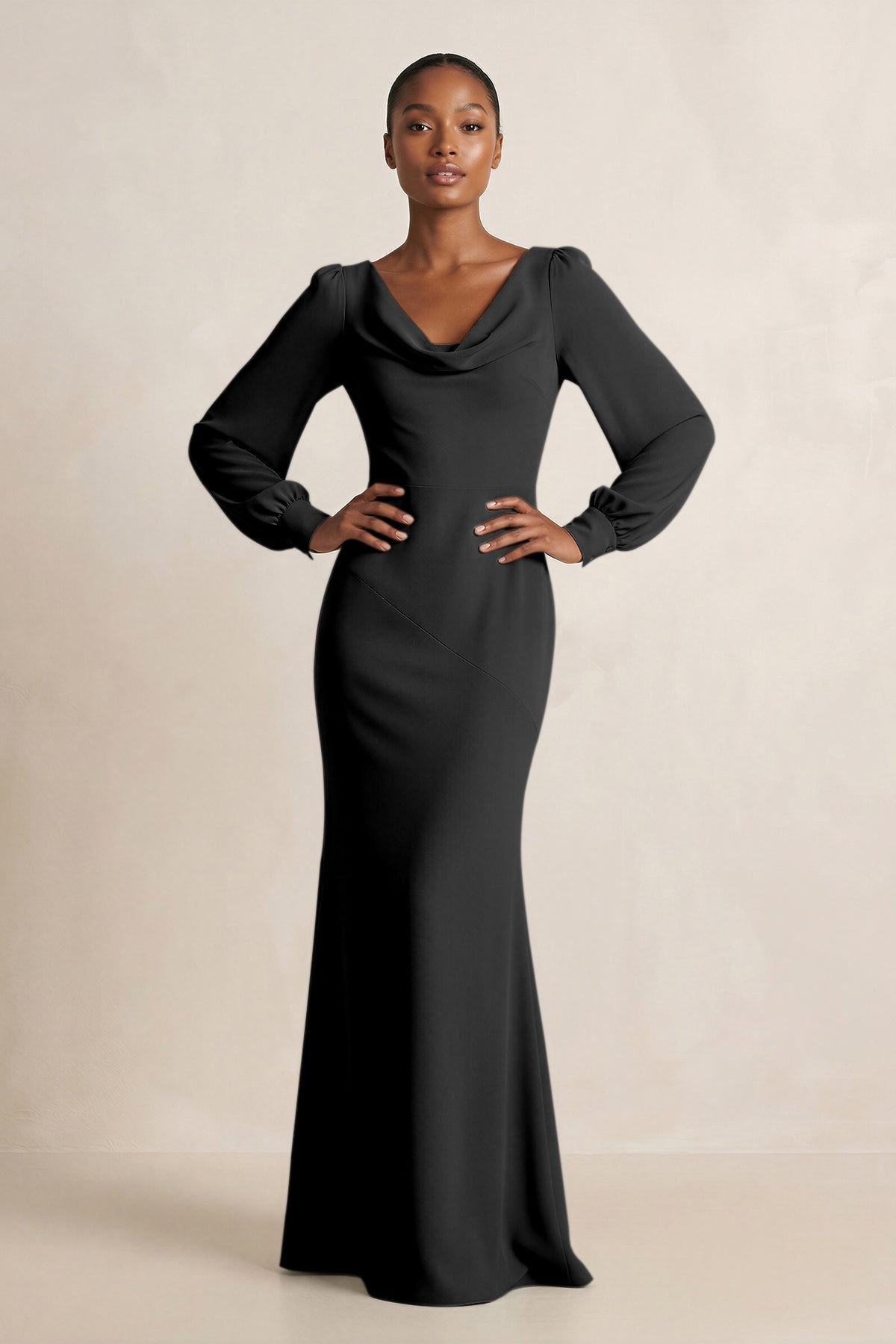 KissProm Long Sleeve V-Neck Sheath Chiffon Bridesmaid Dress in Black, Black / 2