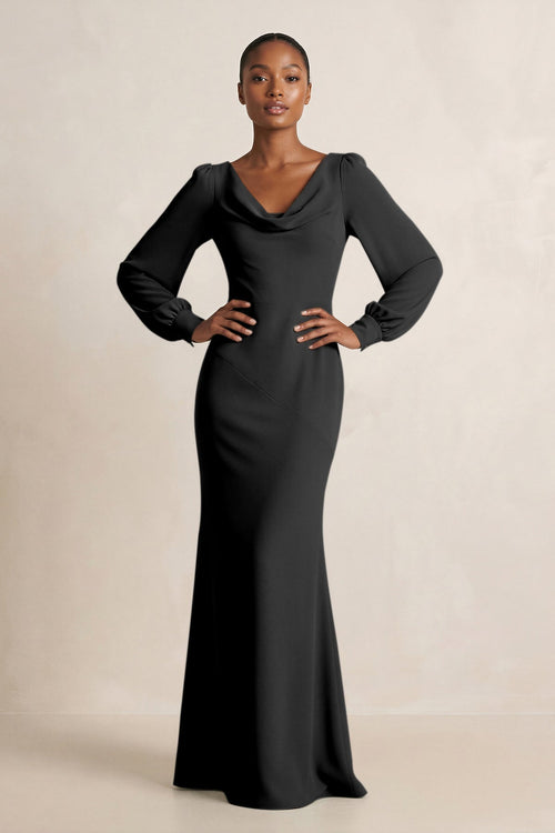 Long Sleeve V - Neck Sheath Chiffon Bridesmaid Dress in Black - KissProm Bridesmaid Dresses