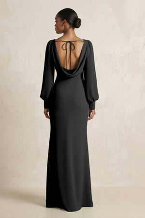 Long Sleeve V - Neck Sheath Chiffon Bridesmaid Dress in Black - KissProm Bridesmaid Dresses