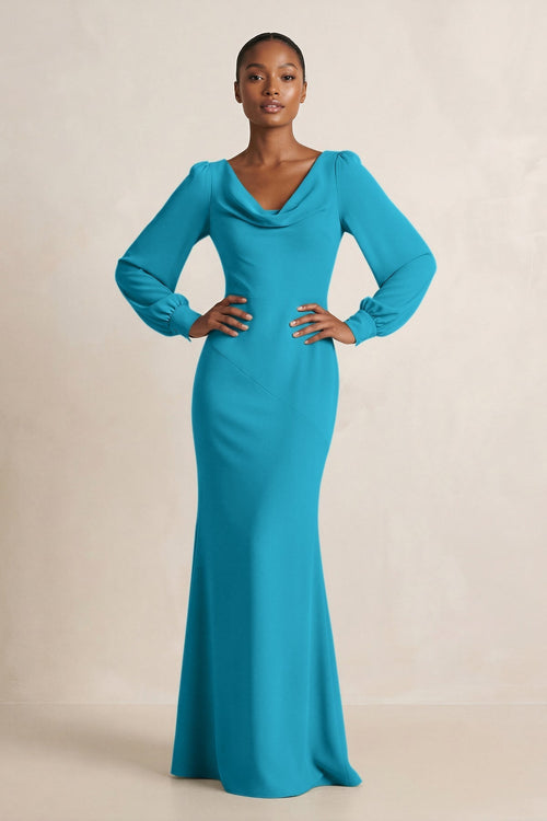 Long Sleeve V - Neck Sheath Chiffon Bridesmaid Dress in Blue Jay - KissProm Bridesmaid Dresses