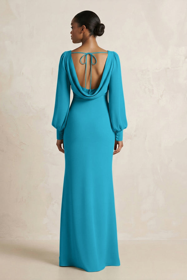 Long Sleeve V - Neck Sheath Chiffon Bridesmaid Dress in Blue Jay - KissProm Bridesmaid Dresses
