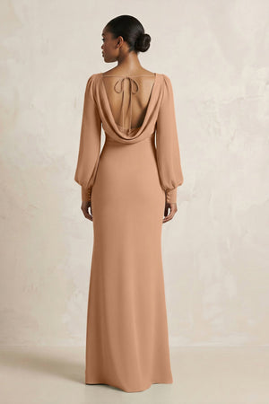 Long Sleeve V - Neck Sheath Chiffon Bridesmaid Dress in Bronzer - KissProm Bridesmaid Dresses