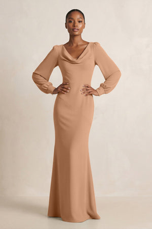 Long Sleeve V - Neck Sheath Chiffon Bridesmaid Dress in Bronzer - KissProm Bridesmaid Dresses
