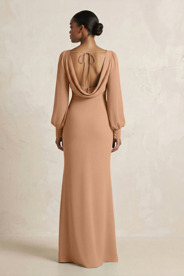 Long Sleeve V - Neck Sheath Chiffon Bridesmaid Dress in Bronzer - KissProm Bridesmaid Dresses