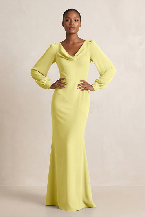 Long Sleeve V - Neck Sheath Chiffon Bridesmaid Dress in Buttercup - KissProm Bridesmaid Dresses
