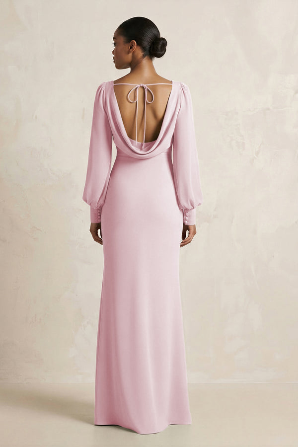 Long Sleeve V - Neck Sheath Chiffon Bridesmaid Dress in Candy Pink - KissProm Bridesmaid Dresses