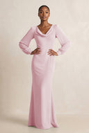 Long Sleeve V - Neck Sheath Chiffon Bridesmaid Dress in Candy Pink - KissProm Bridesmaid Dresses