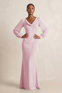 Long Sleeve V - Neck Sheath Chiffon Bridesmaid Dress in Candy Pink - KissProm Bridesmaid Dresses