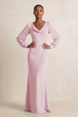 Long Sleeve V - Neck Sheath Chiffon Bridesmaid Dress in Candy Pink - KissProm Bridesmaid Dresses