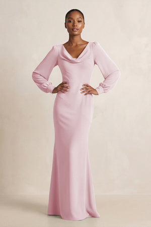 Long Sleeve V - Neck Sheath Chiffon Bridesmaid Dress in Candy Pink - KissProm Bridesmaid Dresses
