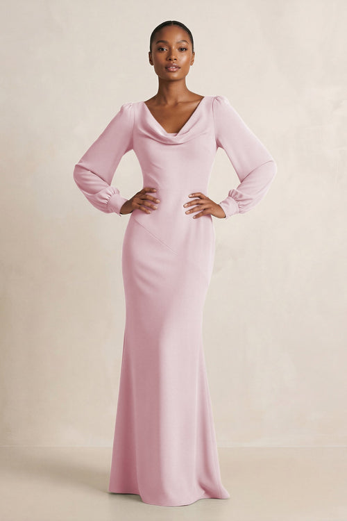 Long Sleeve V - Neck Sheath Chiffon Bridesmaid Dress in Candy Pink - KissProm Bridesmaid Dresses