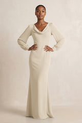 Long Sleeve V - Neck Sheath Chiffon Bridesmaid Dress in Champagne - KissProm Bridesmaid Dresses