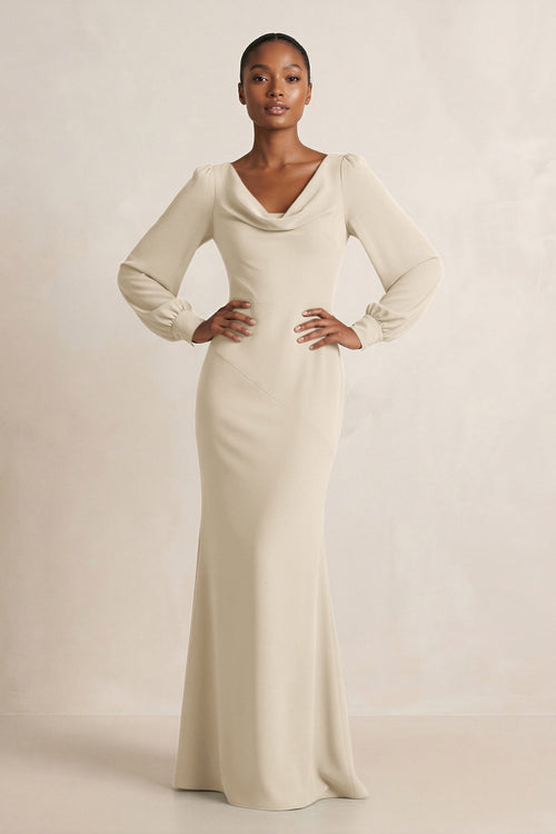 Long Sleeve V - Neck Sheath Chiffon Bridesmaid Dress in Champagne - KissProm Bridesmaid Dresses
