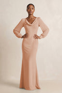 Long Sleeve V - Neck Sheath Chiffon Bridesmaid Dress in Champagne Rose - KissProm Bridesmaid Dresses