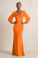 Long Sleeve V - Neck Sheath Chiffon Bridesmaid Dress in Cinnamon - KissProm Bridesmaid Dresses