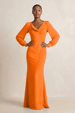 Long Sleeve V - Neck Sheath Chiffon Bridesmaid Dress in Cinnamon - KissProm Bridesmaid Dresses