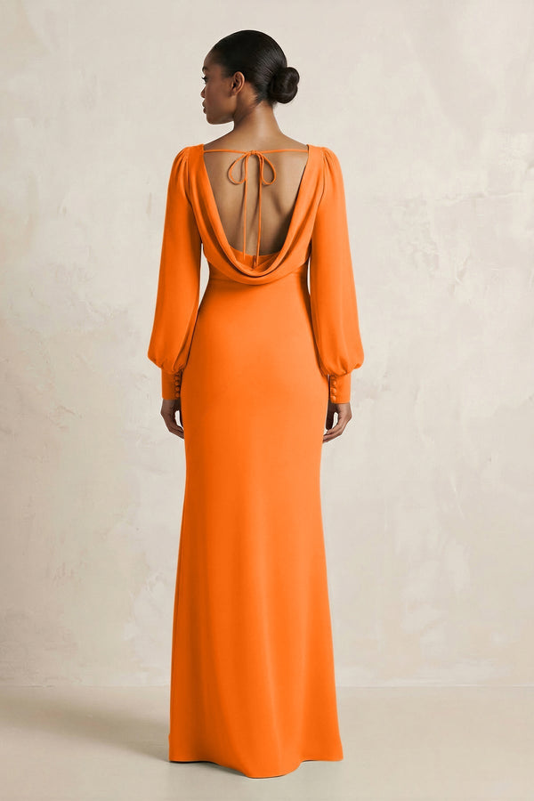 Long Sleeve V - Neck Sheath Chiffon Bridesmaid Dress in Cinnamon - KissProm Bridesmaid Dresses