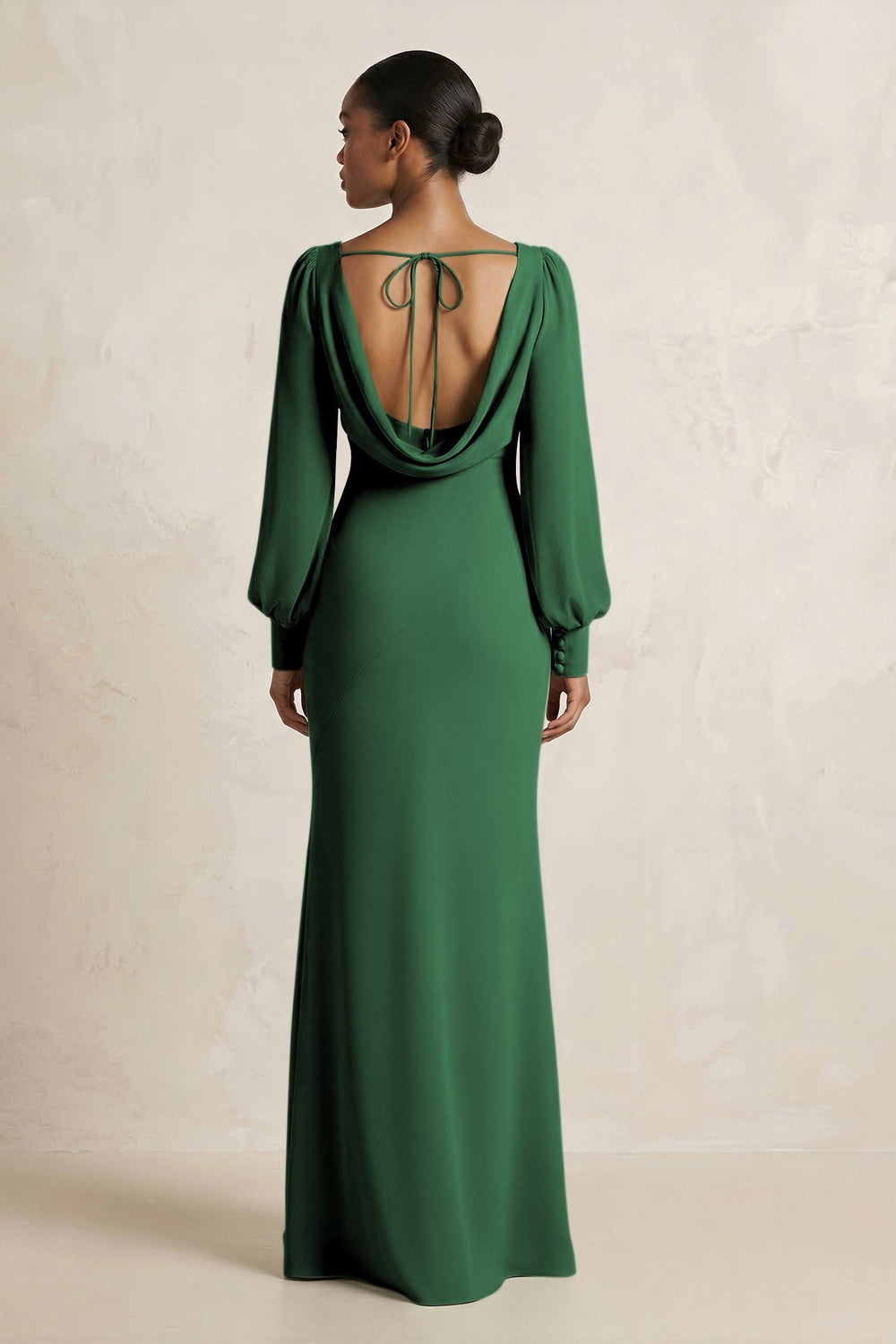 Long Sleeve V - Neck Sheath Chiffon Bridesmaid Dress in Dark Green - KissProm Bridesmaid Dresses
