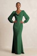 Long Sleeve V - Neck Sheath Chiffon Bridesmaid Dress in Dark Green - KissProm Bridesmaid Dresses