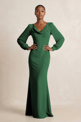 Long Sleeve V - Neck Sheath Chiffon Bridesmaid Dress in Dark Green - KissProm Bridesmaid Dresses
