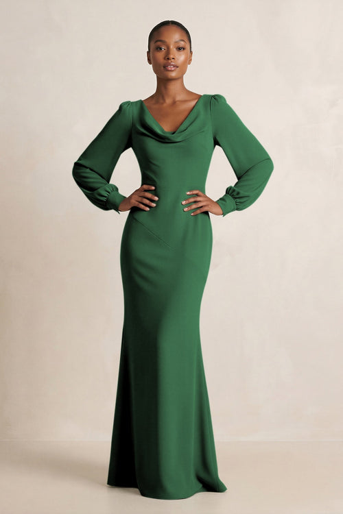 Long Sleeve V - Neck Sheath Chiffon Bridesmaid Dress in Dark Green - KissProm Bridesmaid Dresses