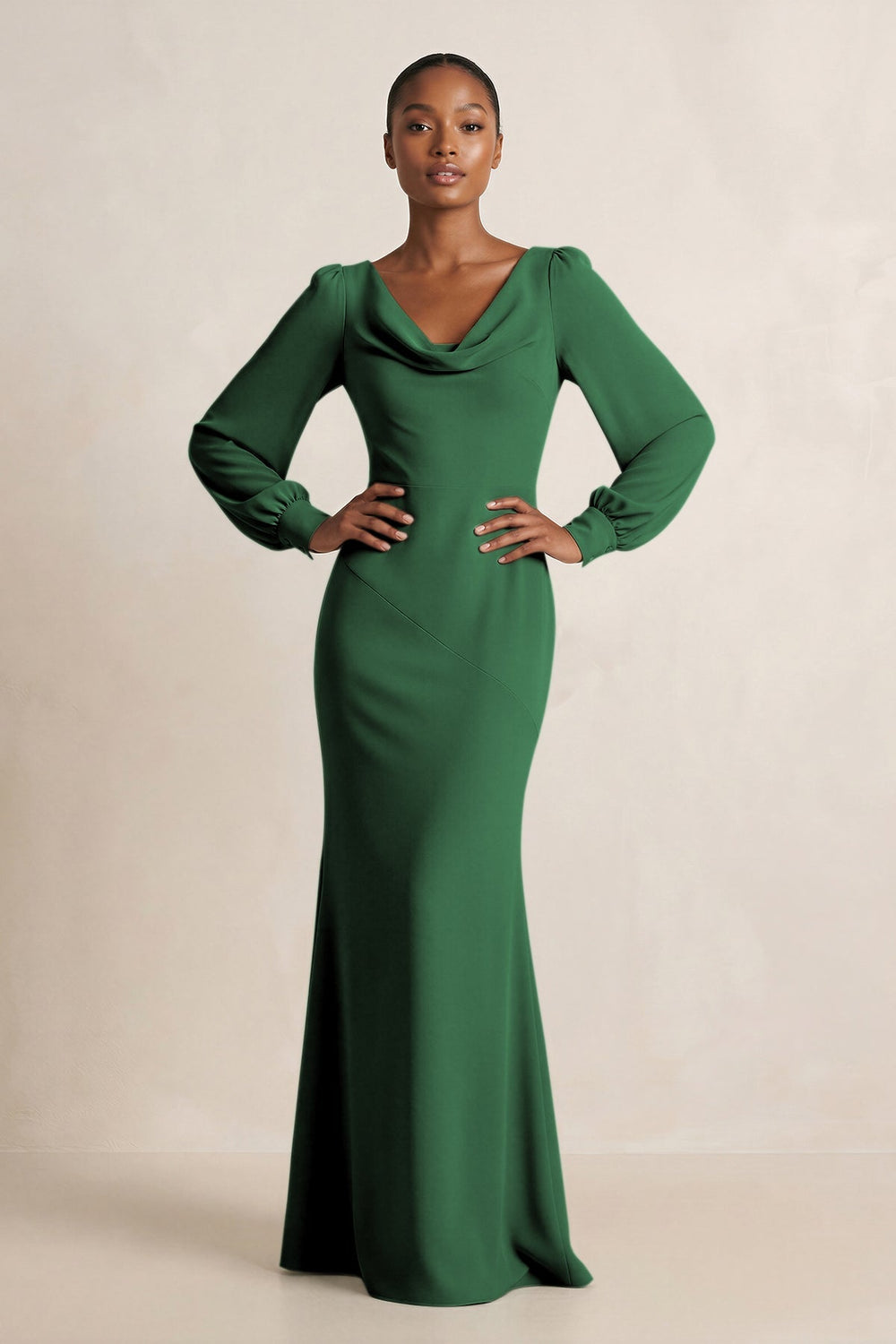 Long Sleeve V - Neck Sheath Chiffon Bridesmaid Dress in Dark Green - KissProm Bridesmaid Dresses