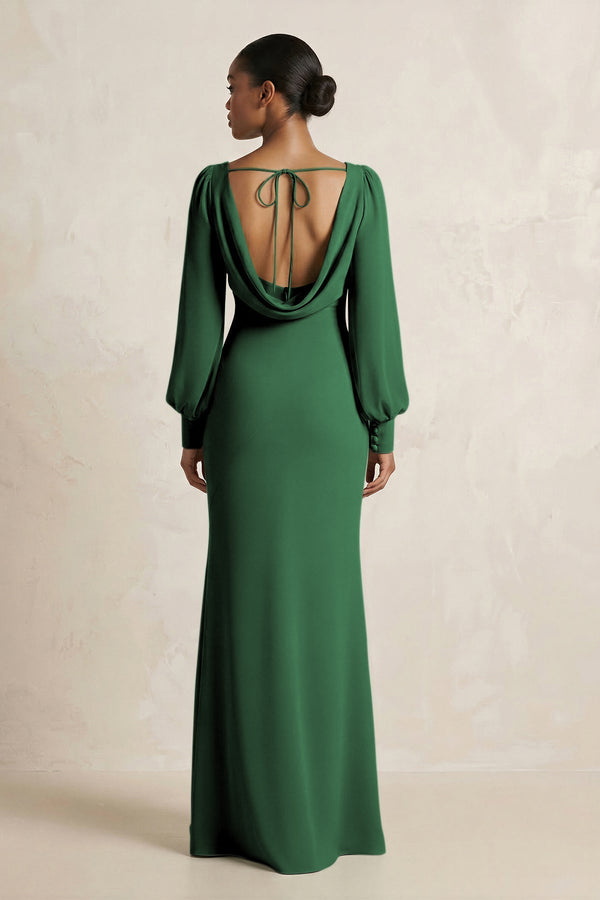 Long Sleeve V - Neck Sheath Chiffon Bridesmaid Dress in Dark Green - KissProm Bridesmaid Dresses