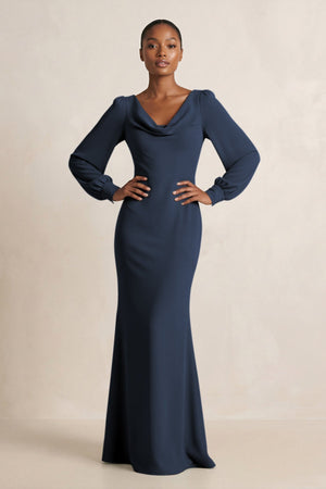 Long Sleeve V - Neck Sheath Chiffon Bridesmaid Dress in Dark Navy - KissProm Bridesmaid Dresses