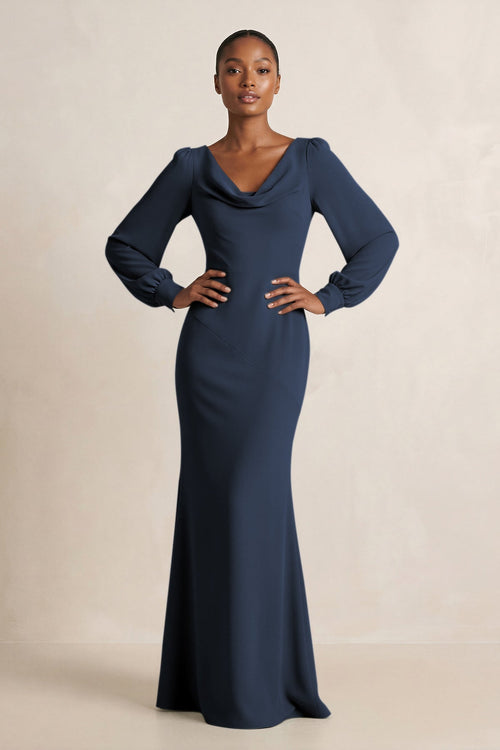 Long Sleeve V - Neck Sheath Chiffon Bridesmaid Dress in Dark Navy - KissProm Bridesmaid Dresses
