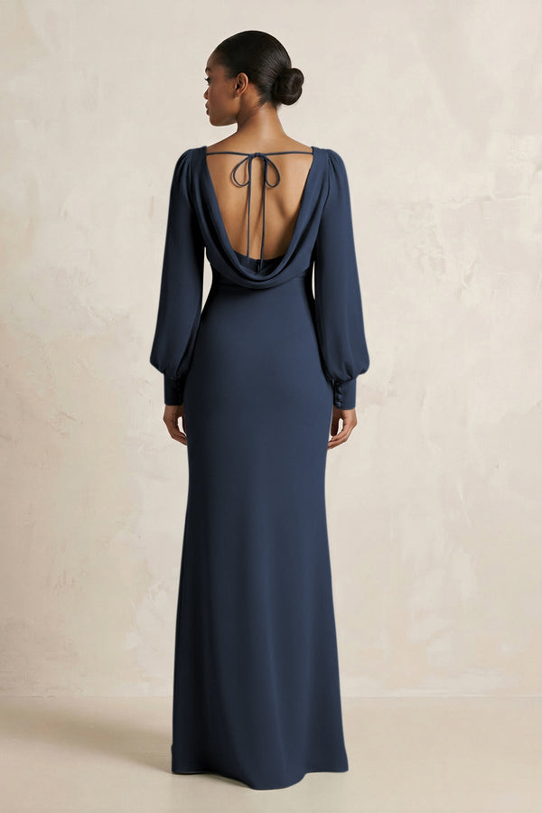Long Sleeve V - Neck Sheath Chiffon Bridesmaid Dress in Dark Navy - KissProm Bridesmaid Dresses