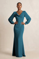 Long Sleeve V - Neck Sheath Chiffon Bridesmaid Dress in Dark Teal - KissProm Bridesmaid Dresses
