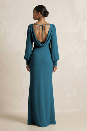 Long Sleeve V - Neck Sheath Chiffon Bridesmaid Dress in Dark Teal - KissProm Bridesmaid Dresses