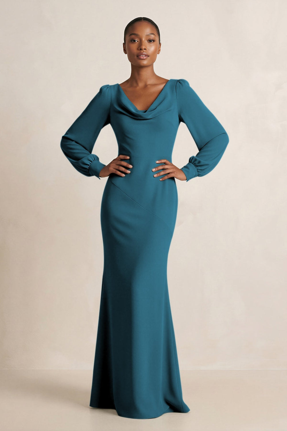 Long Sleeve V - Neck Sheath Chiffon Bridesmaid Dress in Dark Teal - KissProm Bridesmaid Dresses