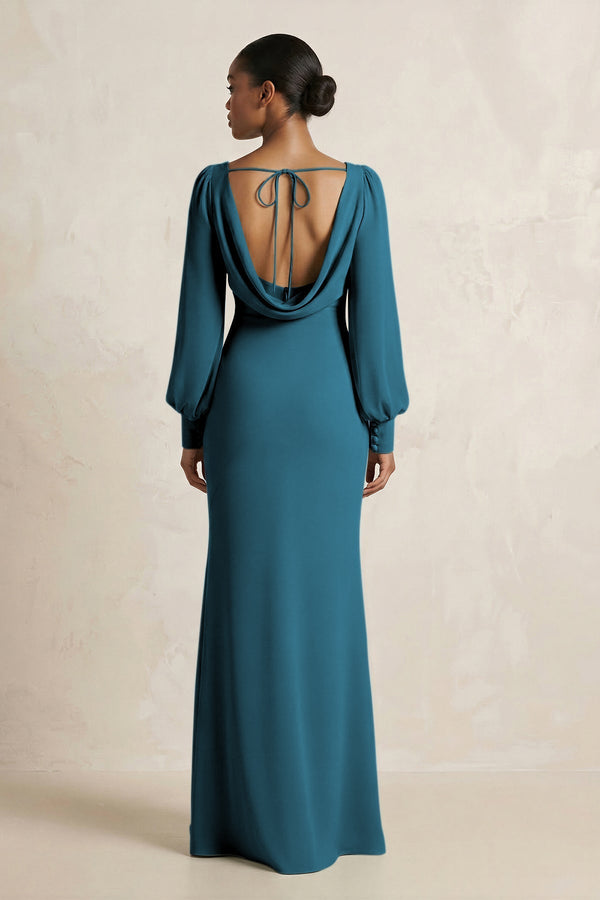 Long Sleeve V - Neck Sheath Chiffon Bridesmaid Dress in Dark Teal - KissProm Bridesmaid Dresses