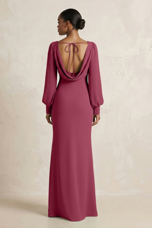 Long Sleeve V - Neck Sheath Chiffon Bridesmaid Dress in Desert Rose - KissProm Bridesmaid Dresses