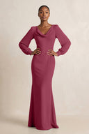 Long Sleeve V - Neck Sheath Chiffon Bridesmaid Dress in Desert Rose - KissProm Bridesmaid Dresses