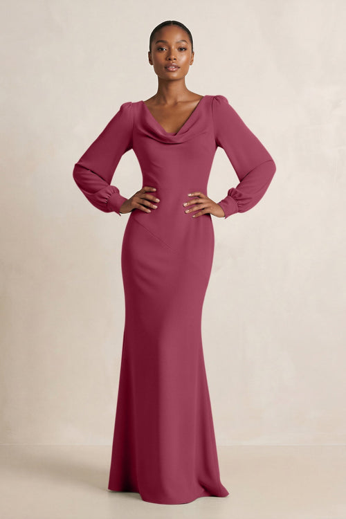 Long Sleeve V - Neck Sheath Chiffon Bridesmaid Dress in Desert Rose - KissProm Bridesmaid Dresses
