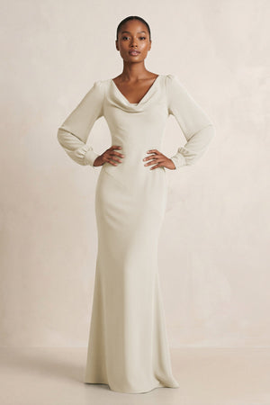 Long Sleeve V - Neck Sheath Chiffon Bridesmaid Dress in Dove Gray - KissProm Bridesmaid Dresses