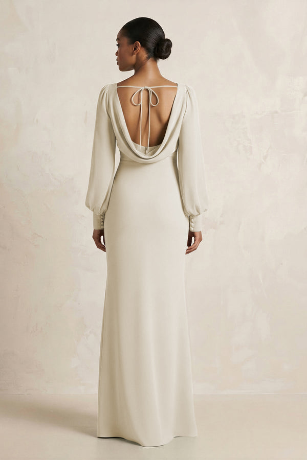 Long Sleeve V - Neck Sheath Chiffon Bridesmaid Dress in Dove Gray - KissProm Bridesmaid Dresses