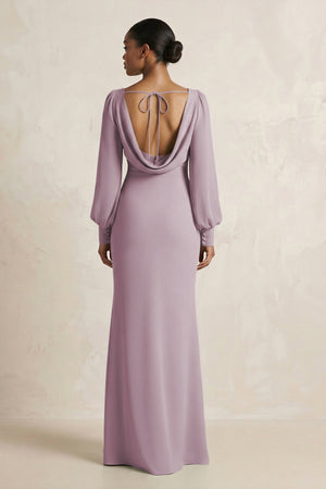 Long Sleeve V - Neck Sheath Chiffon Bridesmaid Dress in Dusk - KissProm Bridesmaid Dresses
